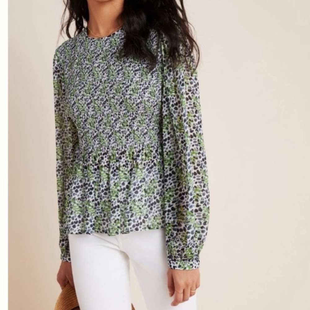 Anthropologie Green and Blue Smocked Long Sleeve Blouse XL